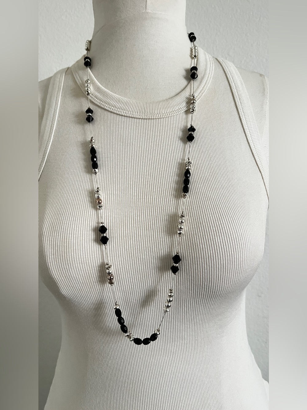 Chaps Black and Silver Long Beaded Necklace